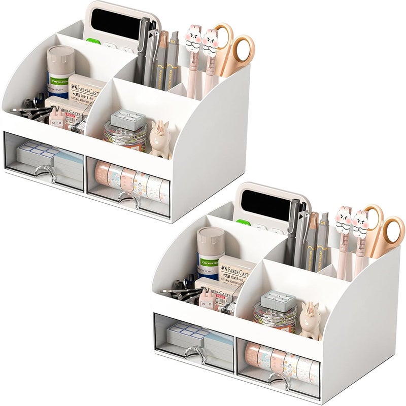 COMFYROOM Desk Organizer with 6 Compartments and 2 Drawers, Plastic Makeup Organizer, Pen Holder for Desktop Storage, Desk Organization for School, Home, Office Supplies (White-2Pack) - Image 1